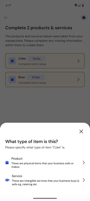 Select type of item